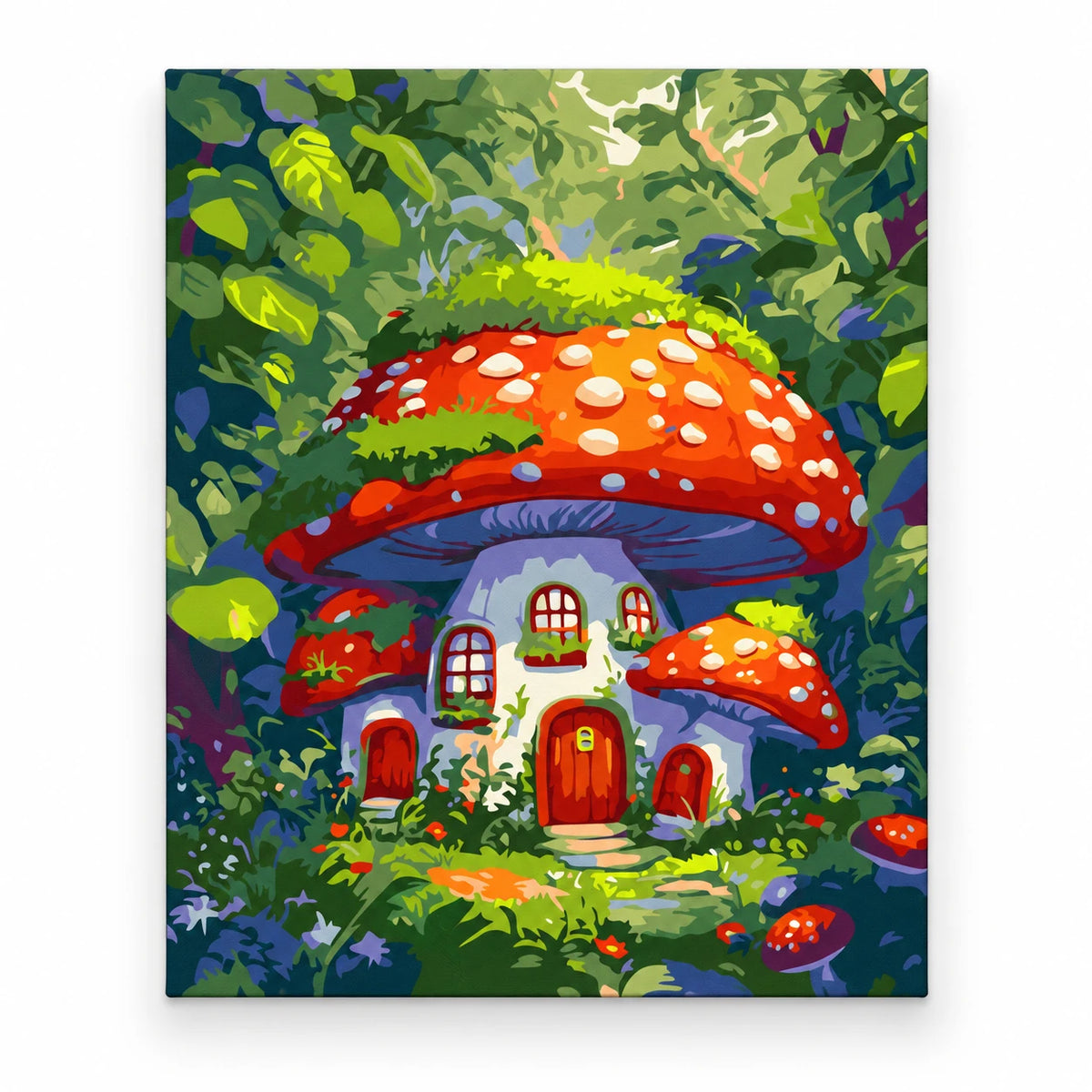 Enchanted Mushroom House paint by numbers artwork on a front-facing canvas against a white background