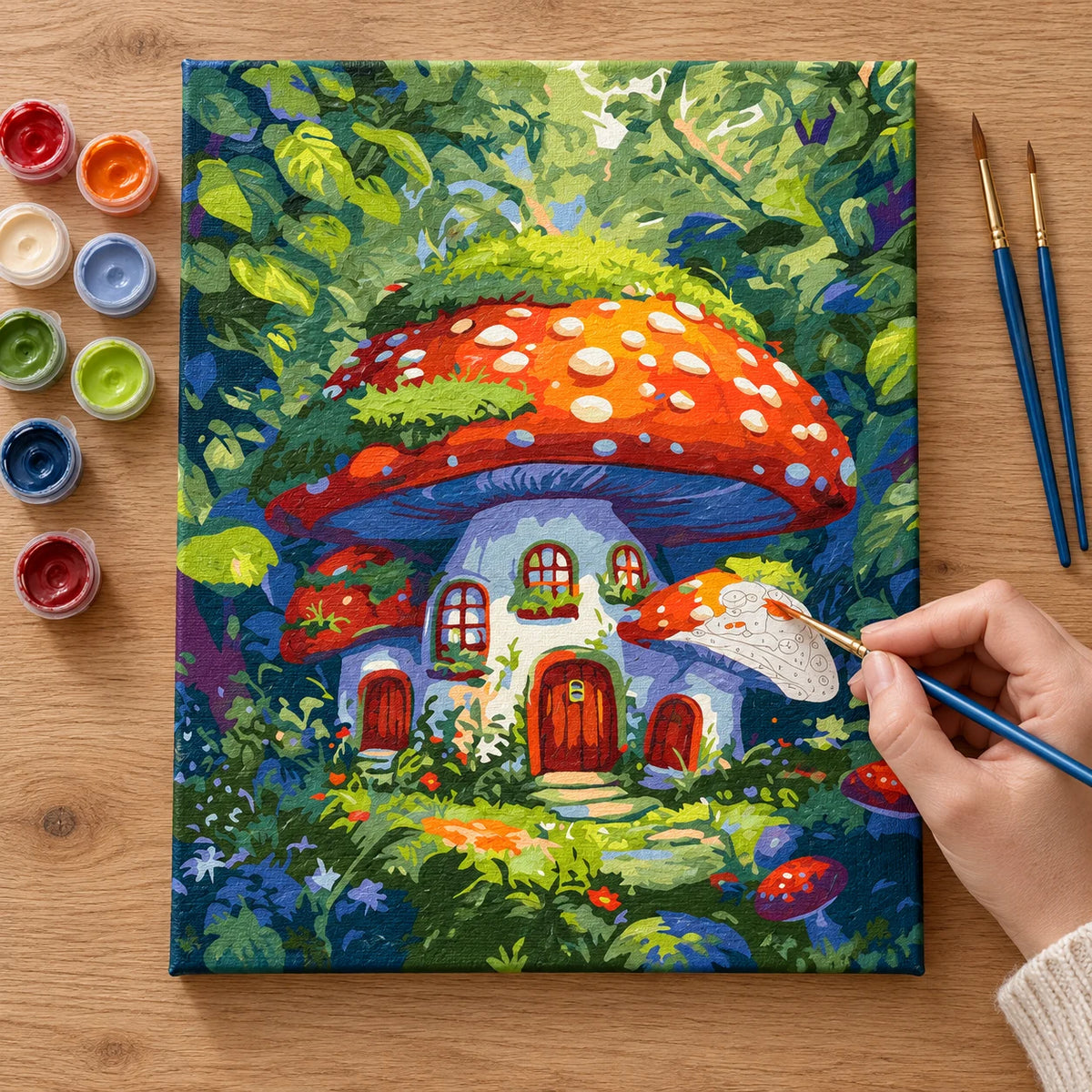 Complete Enchanted Mushroom House numbered canvas being painted with acrylic paints and brushes