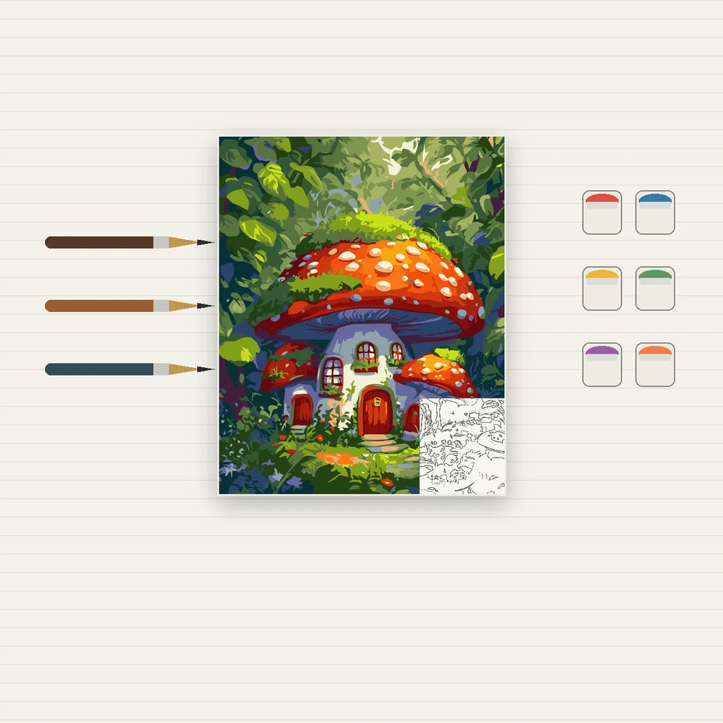 Complete Enchanted Mushroom House numbered canvas being painted with acrylic paints and brushes