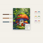 Complete Enchanted Mushroom House numbered canvas being painted with acrylic paints and brushes