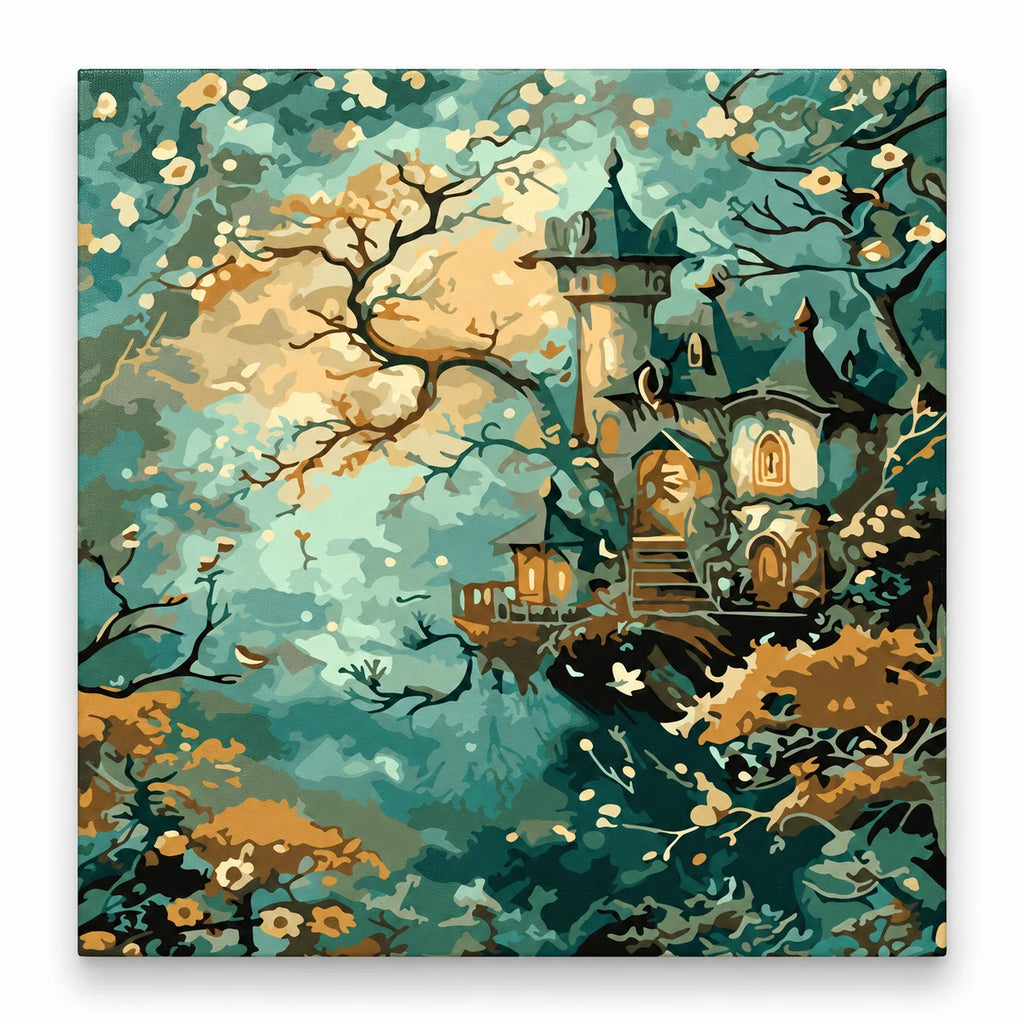 Enchanted Treehouse in a Misty Forest paint by numbers artwork on a front-facing canvas against a white background