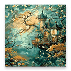 Enchanted Treehouse in a Misty Forest paint by numbers artwork on a front-facing canvas against a white background