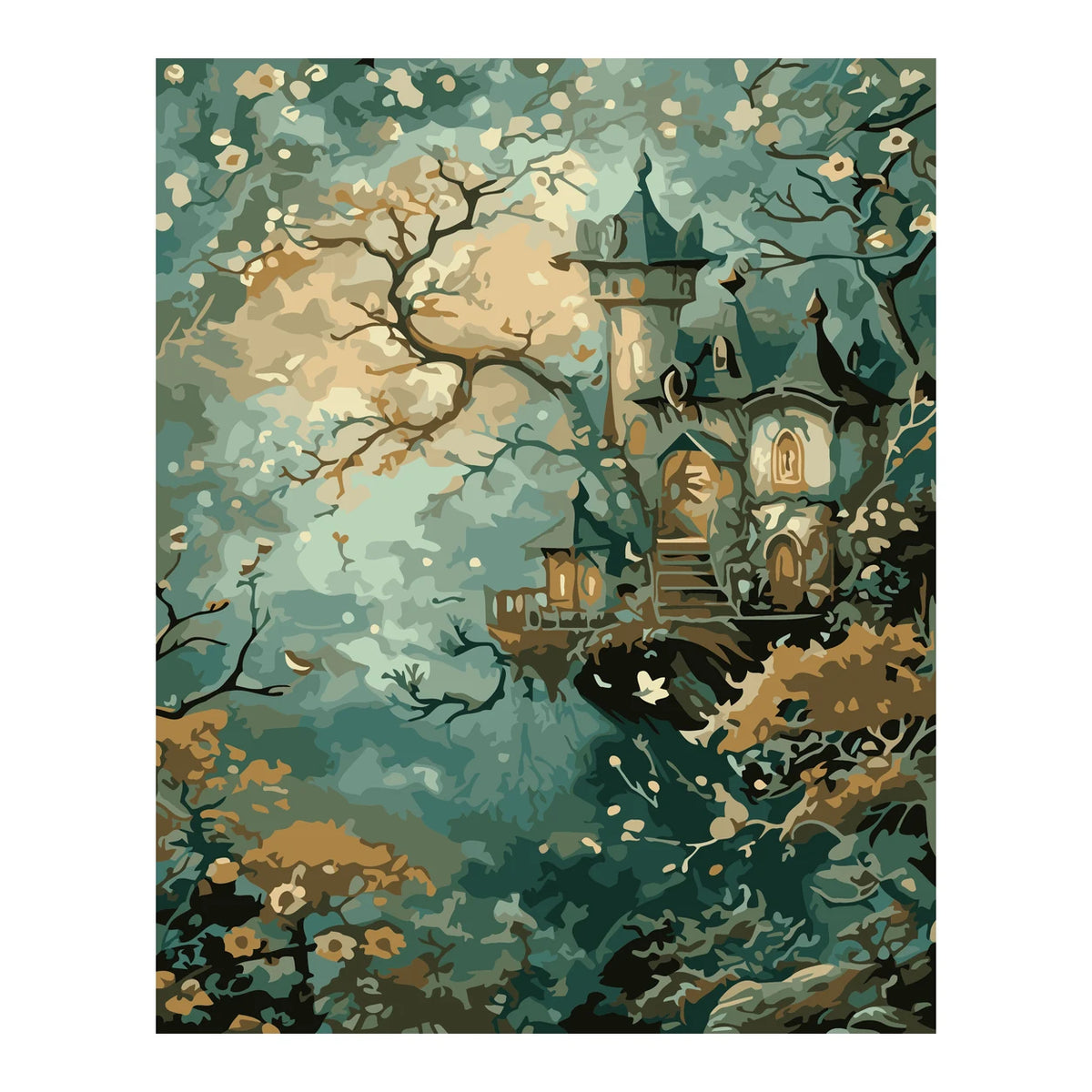 Enchanted Treehouse in a Misty Forest completed artwork on a clean white background