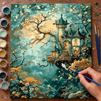 Complete Enchanted Treehouse in a Misty Forest numbered canvas being painted with acrylic paints and brushes