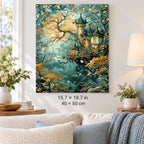 Enchanted Treehouse in a Misty Forest shown in a styled room with 15.7 × 19.7 in and 40 × 50 cm dimensions