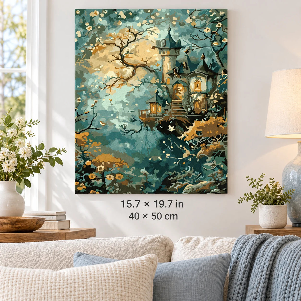 Enchanted Treehouse in a Misty Forest shown in a styled room with 15.7 × 19.7 in and 40 × 50 cm dimensions