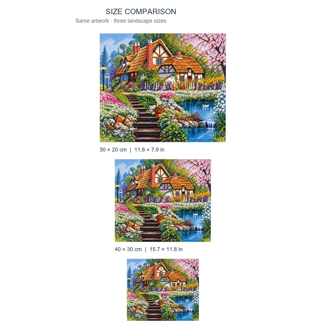 English Cottage Garden Diamond Painting Kit diamond painting landscape size comparison