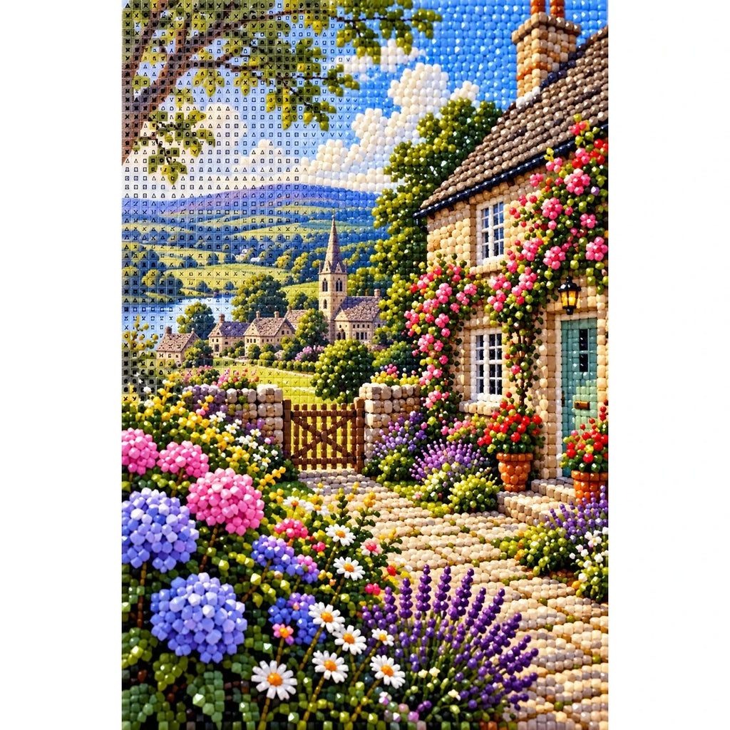 English Cottage Hydrangea Garden diamond and canvas detail