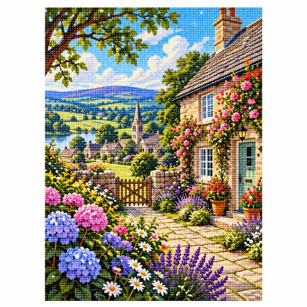 English Cottage Hydrangea Garden finished diamond artwork on white background