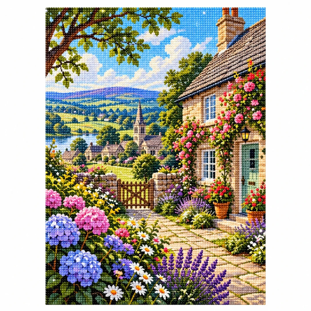 English Cottage Hydrangea Garden finished diamond artwork on white background