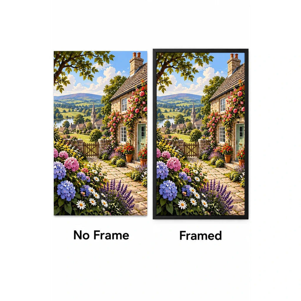 English Cottage Hydrangea Garden No Frame and Framed comparison