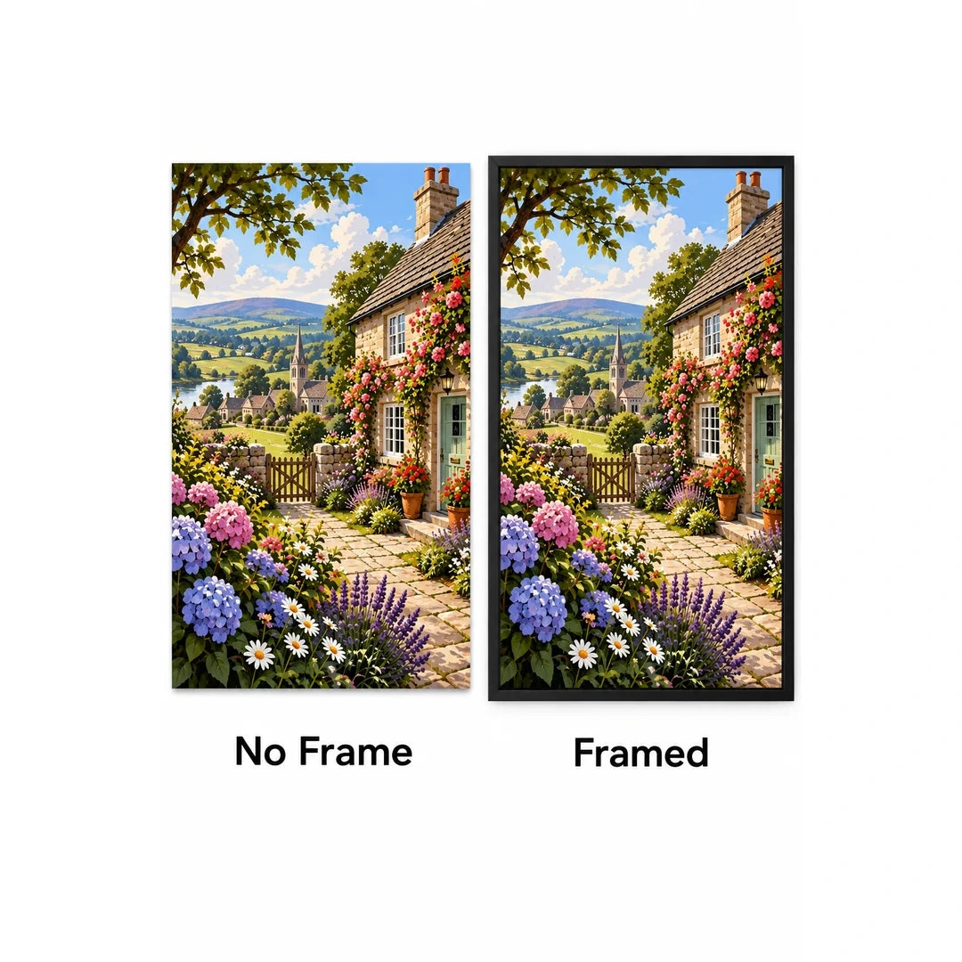 English Cottage Hydrangea Garden No Frame and Framed comparison