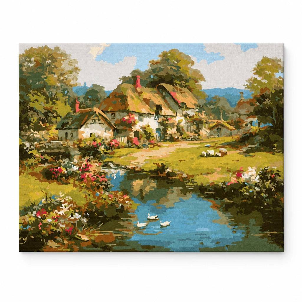 English Cottage by the Pond paint by numbers artwork on a front-facing canvas against a white background