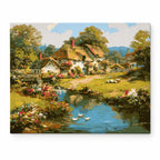 English Cottage by the Pond paint by numbers artwork on a front-facing canvas against a white background