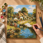 Complete English Cottage by the Pond numbered canvas being painted with acrylic paints and brushes