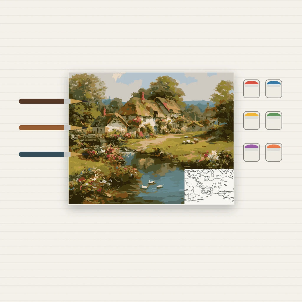 Complete English Cottage by the Pond numbered canvas being painted with acrylic paints and brushes