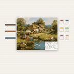 Complete English Cottage by the Pond numbered canvas being painted with acrylic paints and brushes