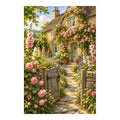 Original English cottage artwork with a garden gate, climbing pink roses and colorful flowers