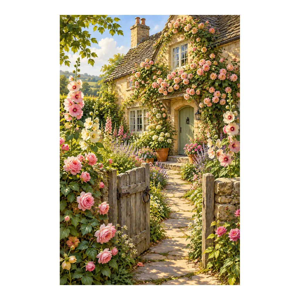 Original English cottage artwork with a garden gate, climbing pink roses and colorful flowers