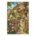 Diamond-finished English cottage rose garden artwork on a white background