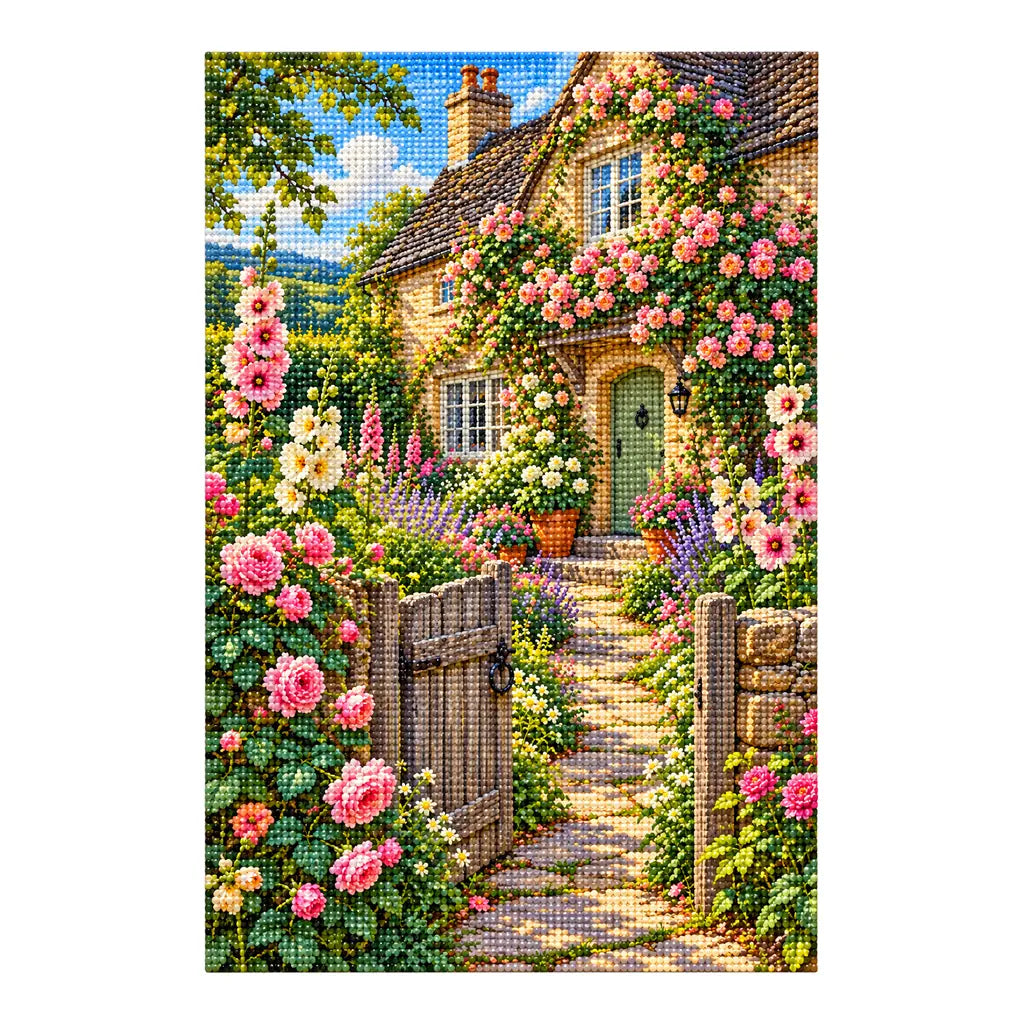 Diamond-finished English cottage rose garden artwork on a white background