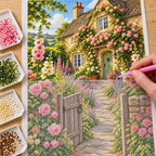 Hand placing diamond drills on the English cottage garden canvas beside trays of drills