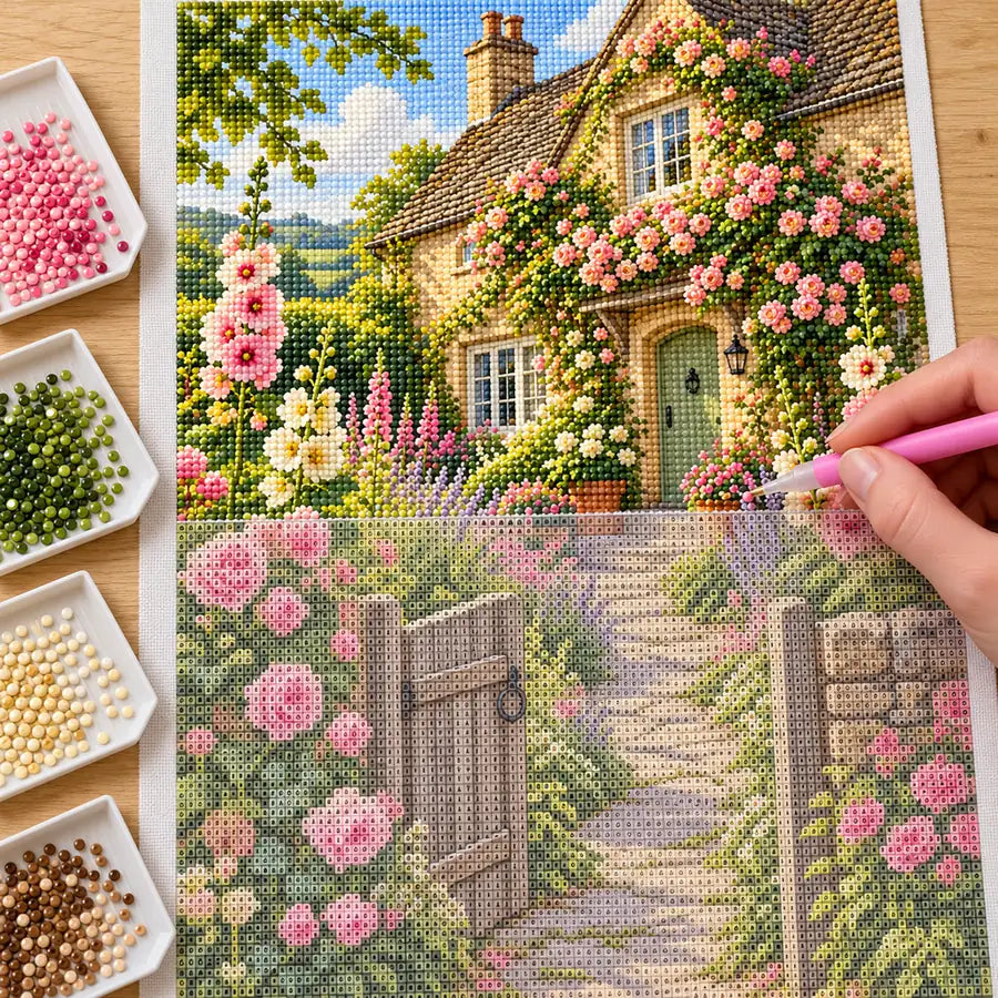 Hand placing diamond drills on the English cottage garden canvas beside trays of drills
