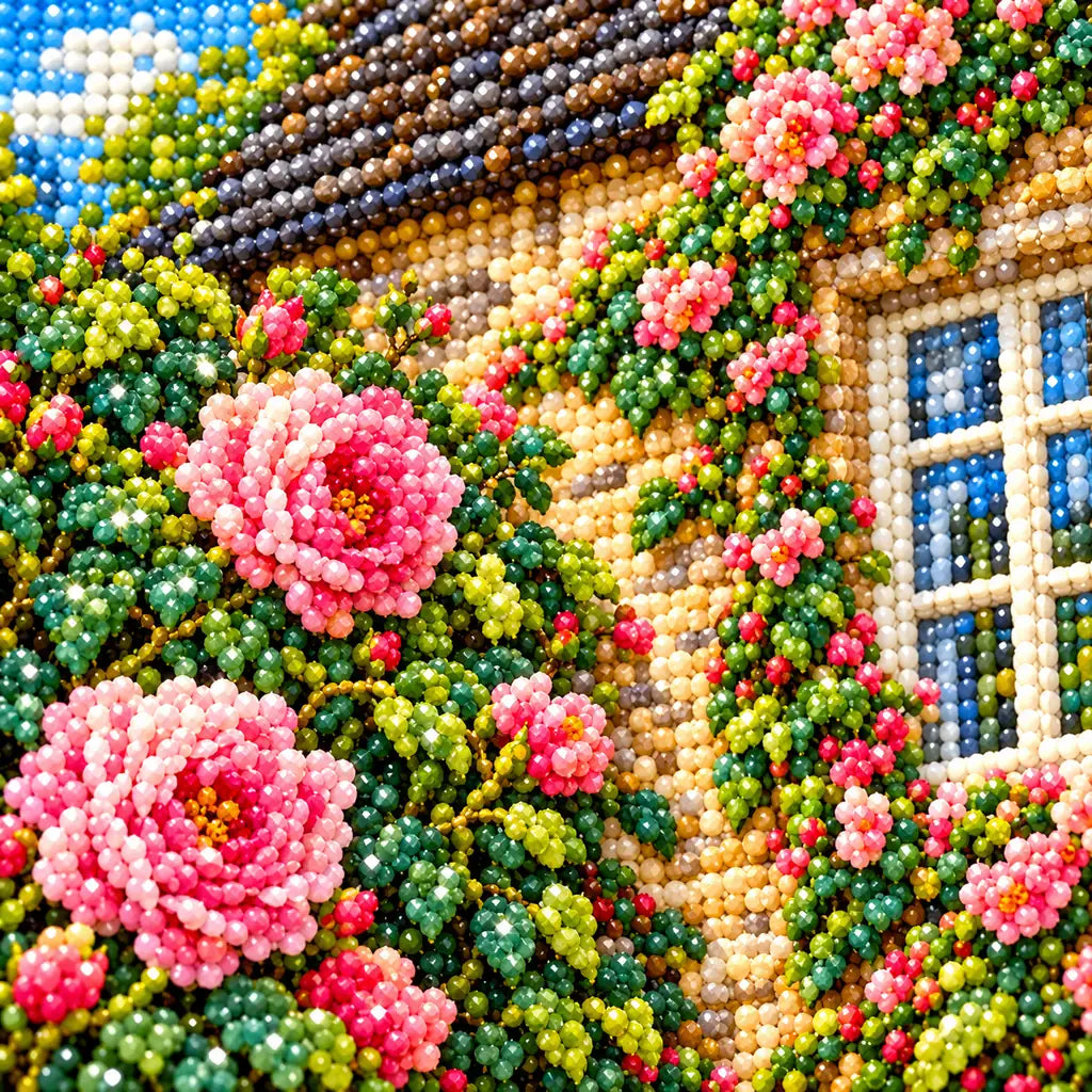 Close-up of faceted drills forming pink roses and the cottage garden