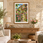 Framed English cottage rose garden diamond painting displayed in a warm cottage-style interior