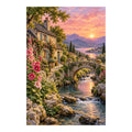 Original design: stone cottage beside a cascading stream and flowered bridge at a sunset alpine lake, on a white background.