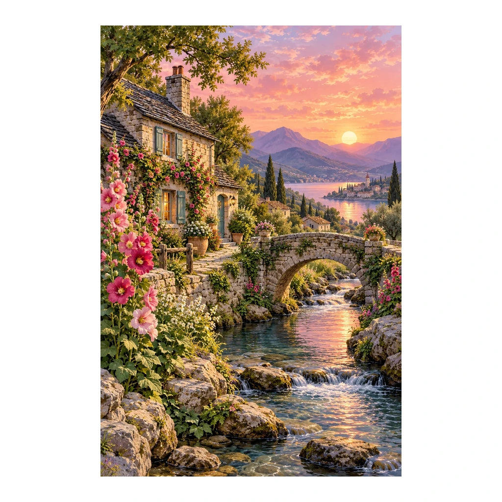 Original design: stone cottage beside a cascading stream and flowered bridge at a sunset alpine lake, on a white background.