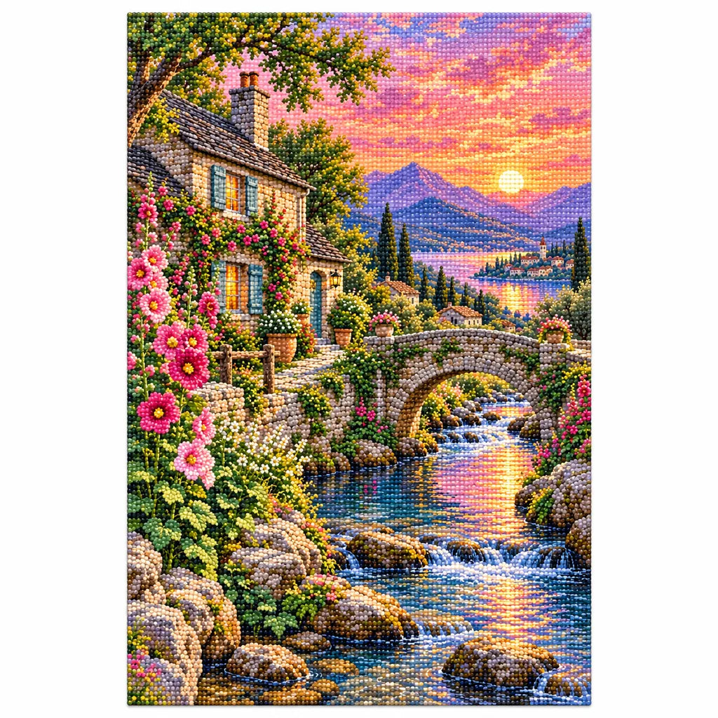 Finished diamond painting of a stone cottage, stream, flowered bridge, and sunset alpine lake on a white background.