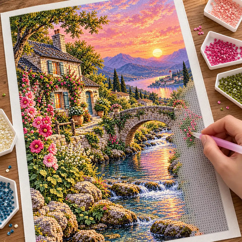 Hands placing diamond drills on the cottage, stream, and flowered bridge design.