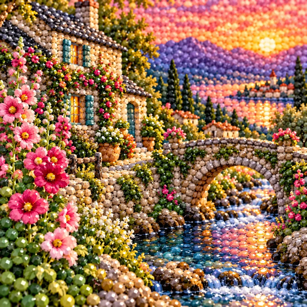 Close-up of sparkling diamond drills in the cottage and alpine stream artwork.