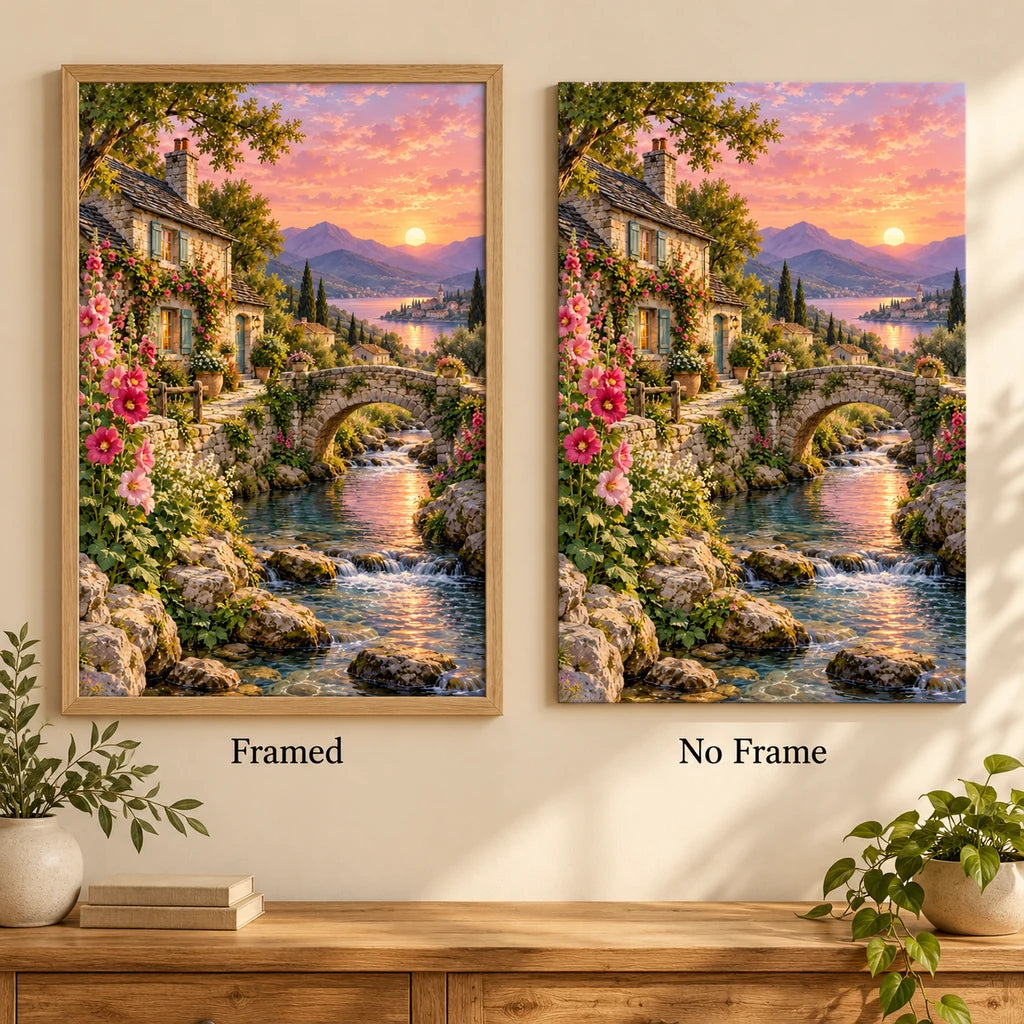 English Cottage Stream diamond painting shown framed and without a frame.