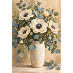 White blossoms and eucalyptus leaves in a silver vase: original artwork on a white background