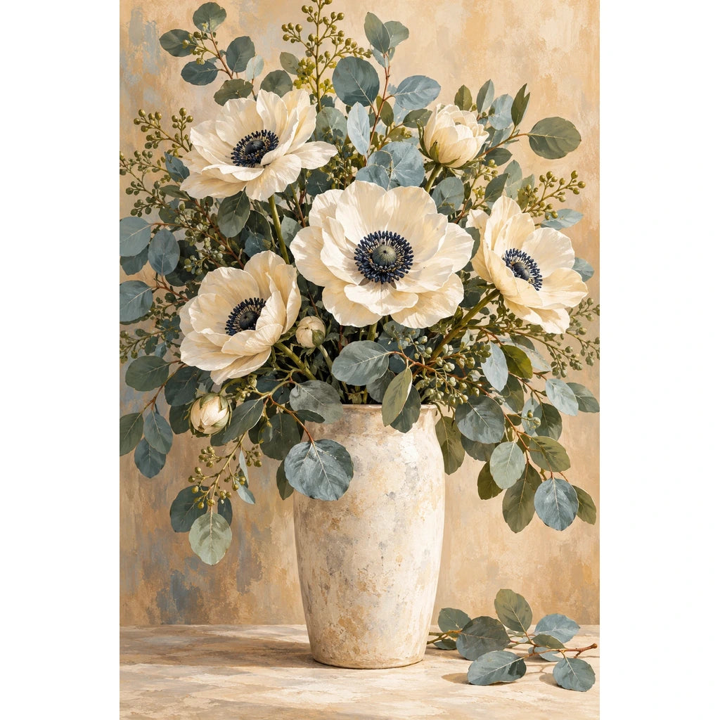 White blossoms and eucalyptus leaves in a silver vase: original artwork on a white background