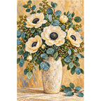 White blossoms and eucalyptus leaves in a silver vase: finished diamond painting on a white background