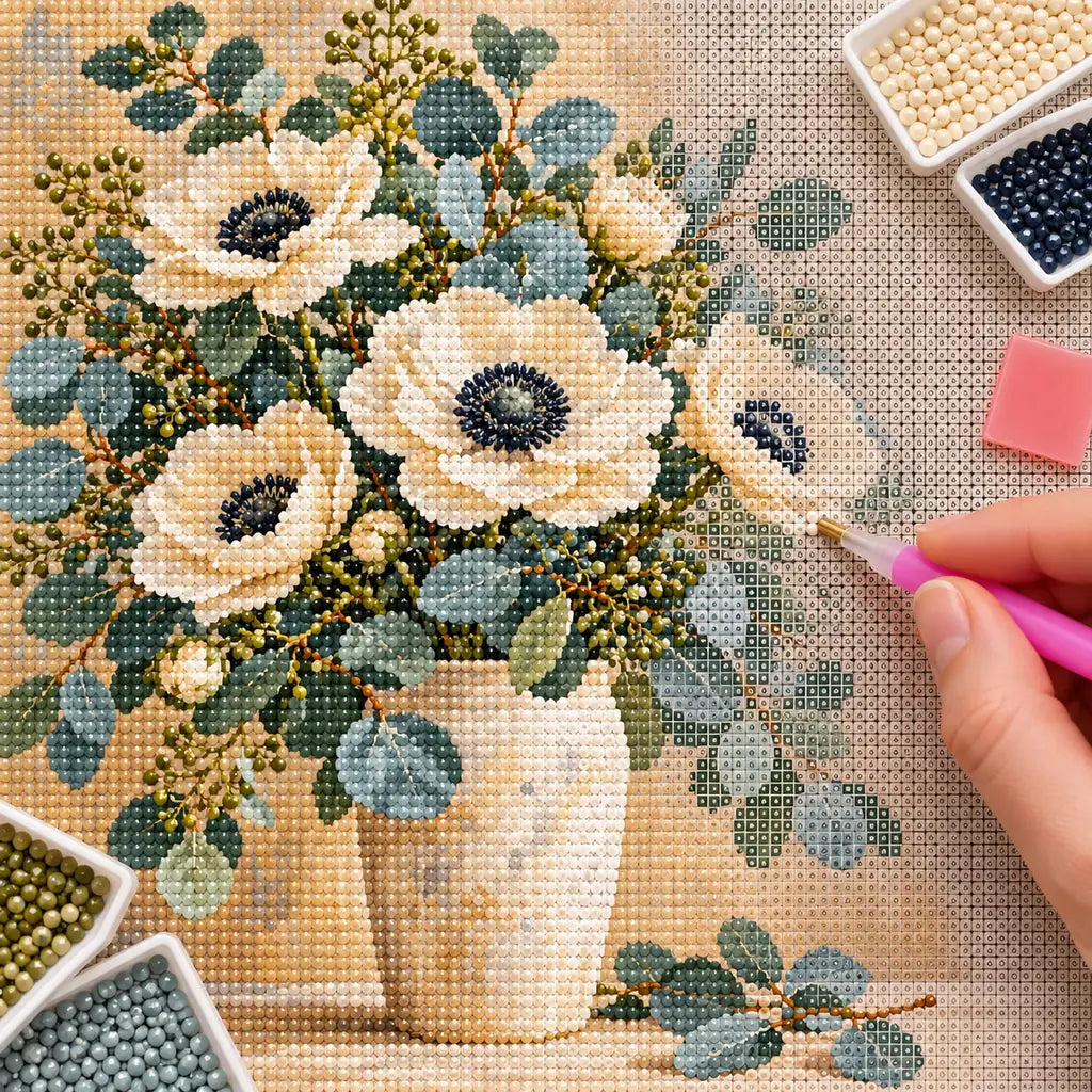 White blossoms and eucalyptus leaves in a silver vase: diamond painting being completed with a pen