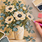 White blossoms and eucalyptus leaves in a silver vase: diamond painting being completed with a pen