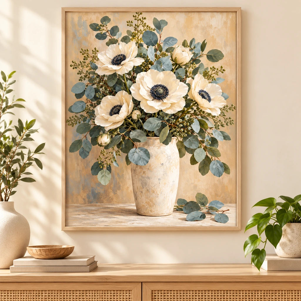 White blossoms and eucalyptus leaves in a silver vase: diamond painting displayed as home wall decor