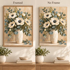 White blossoms and eucalyptus leaves in a silver vase: framed and no-frame style comparison