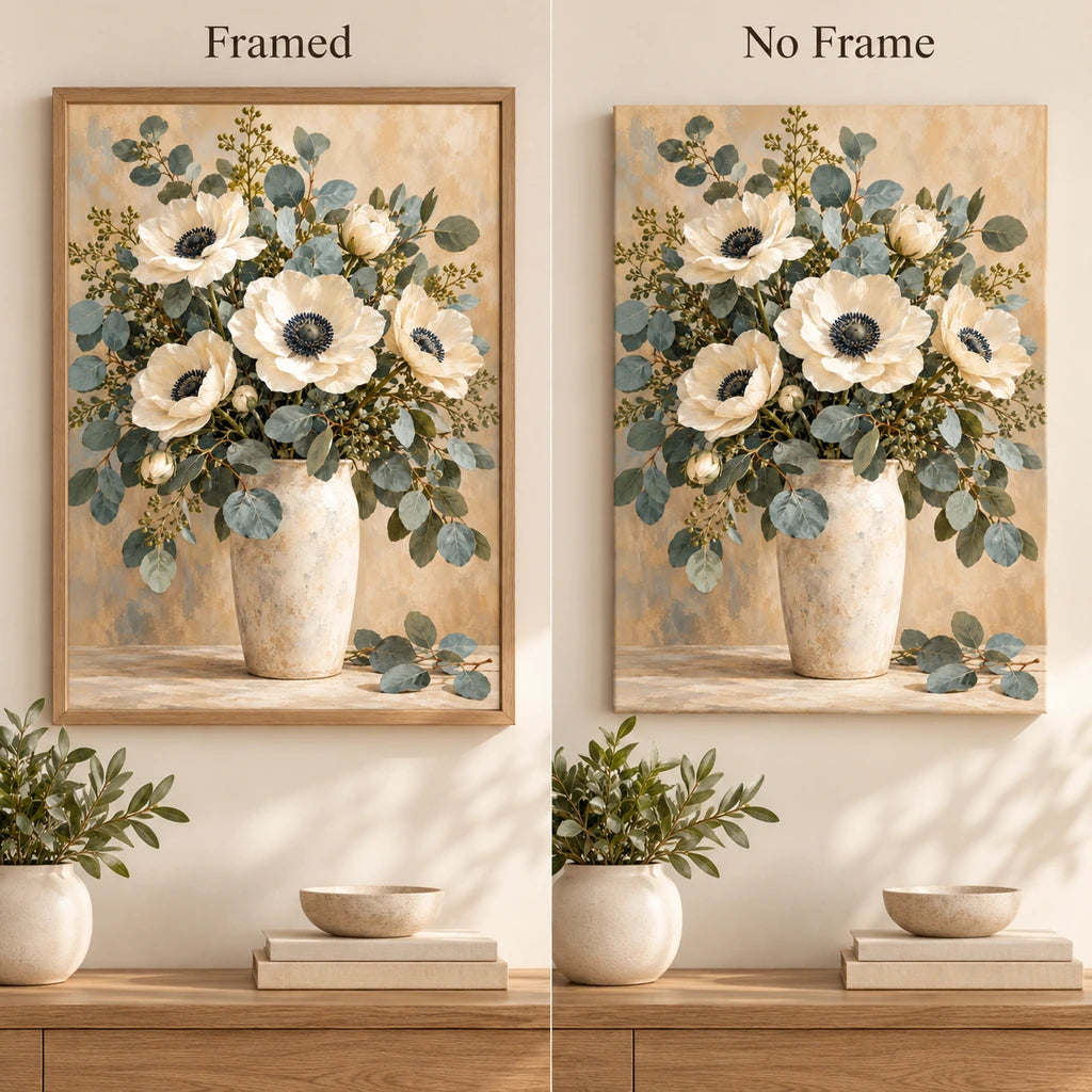 White blossoms and eucalyptus leaves in a silver vase: framed and no-frame style comparison