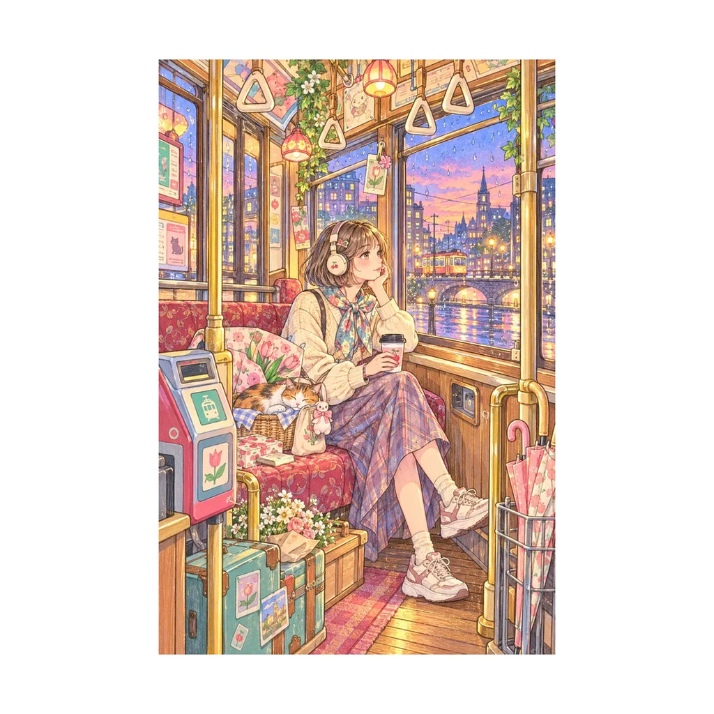 White-background original artwork of a young woman riding a tram through a glowing city at twilight for a diamond painting kit