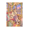 White-background original artwork of a young woman riding a tram through a glowing city at twilight for a diamond painting kit