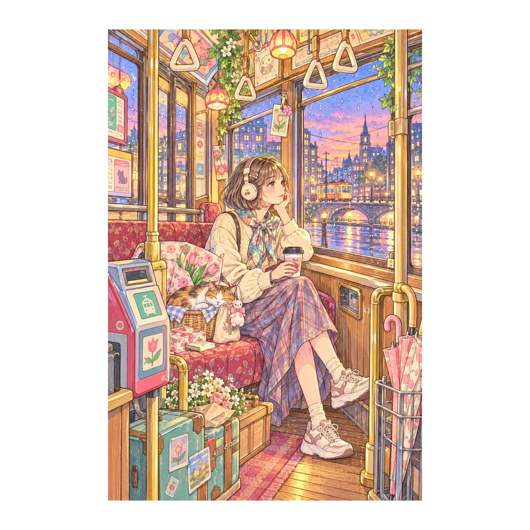 White-background original artwork of a young woman riding a tram through a glowing city at twilight for a diamond painting kit