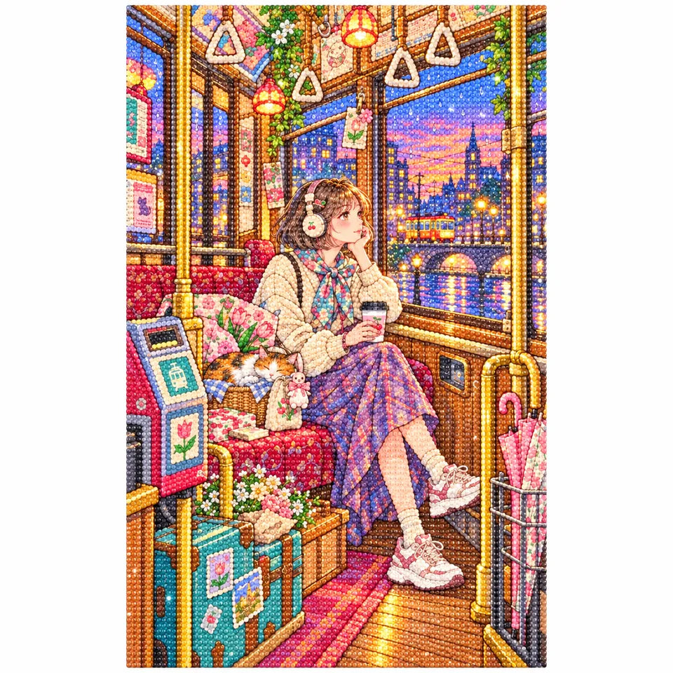 White-background finished diamond painting of a young woman riding a tram through a glowing city at twilight with sparkling drills