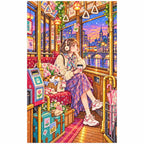 White-background finished diamond painting of a young woman riding a tram through a glowing city at twilight with sparkling drills