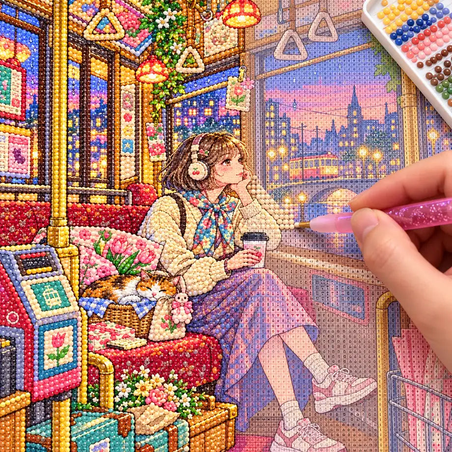 Diamond painting process showing a young woman riding a tram through a glowing city at twilight being completed with a stylus