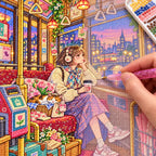 Diamond painting process showing a young woman riding a tram through a glowing city at twilight being completed with a stylus